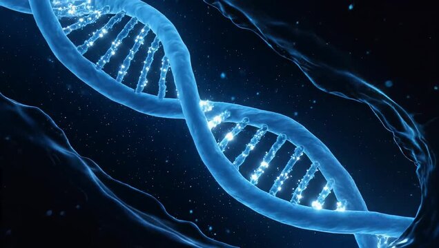 Rotating DNA Helix with Glowing Nucleotides in Dark Blue Background, Seamless Loop, Representing Genetic Code and Molecular Structure