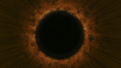 Dramatic total solar eclipse with a dark central disk encircled by radiant orange and yellow rays against a deep brown sky.