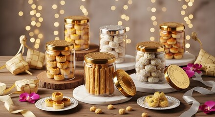 Obraz premium Premium Assorted Eid Cookies in Glass Jars with Ketupat Decoration and Festive Lights