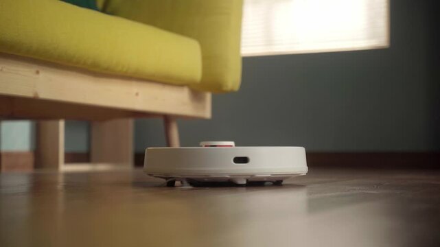 Robot vacuum cleaner moving autonomously across a parquet floor, cleaning dust and dirt from under a yellow sofa, exemplifying modern smart home technology and automated living