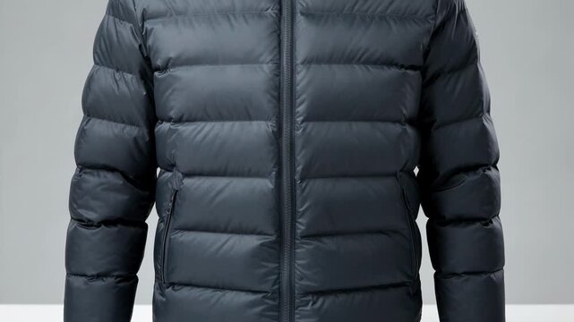 Medium shot of boxstitched insulated puffer jacket showing structured baffles that evenly distribute down or synthetic fill for enhanced thermal protection.