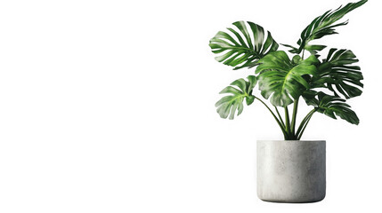 Obraz premium Healthy vibrant green monstera deliciosa houseplant showcased in a modern rough white concrete cylinder pot on transparent background