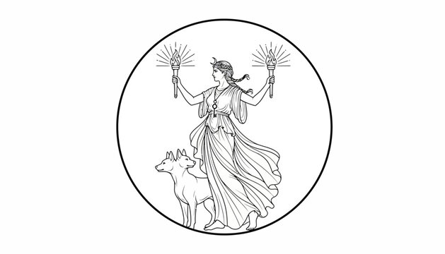 Ancient Goddess Hecate Holding Torches with Dog, Symbol of Magic, Witchcraft, and Crossroads