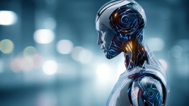 Futuristic humanoid robot with illuminated circuits and advanced artificial intelligence technology stands in a high tech environment. Concept of robotics evolution and digital transformation