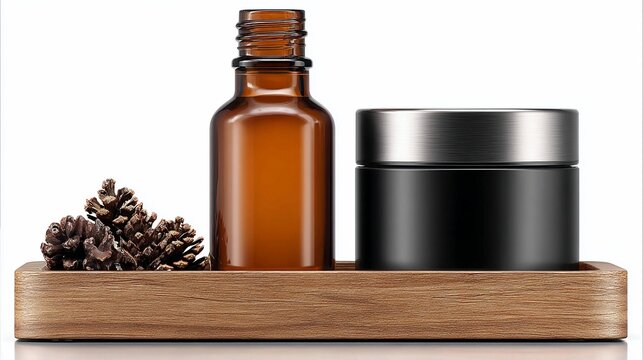 Cosmetics still life, brown bottle, black jar, pine cones, and wood tray