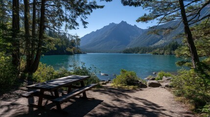 Scenic lake view with mountains and picnic table on a sunny day