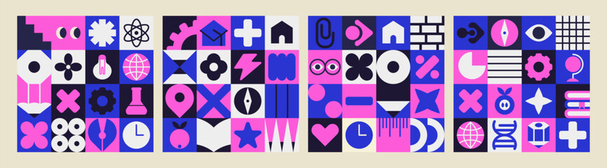 Colorful set geometry mosaic for kids with school icon and study illustration. © Alyona_Uvarova