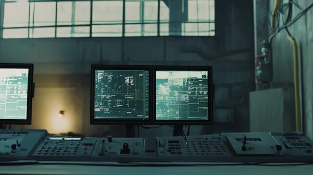 Control room operating with multiple monitors displaying complex data and schematics, providing surveillance and technological oversight in an industrial setting