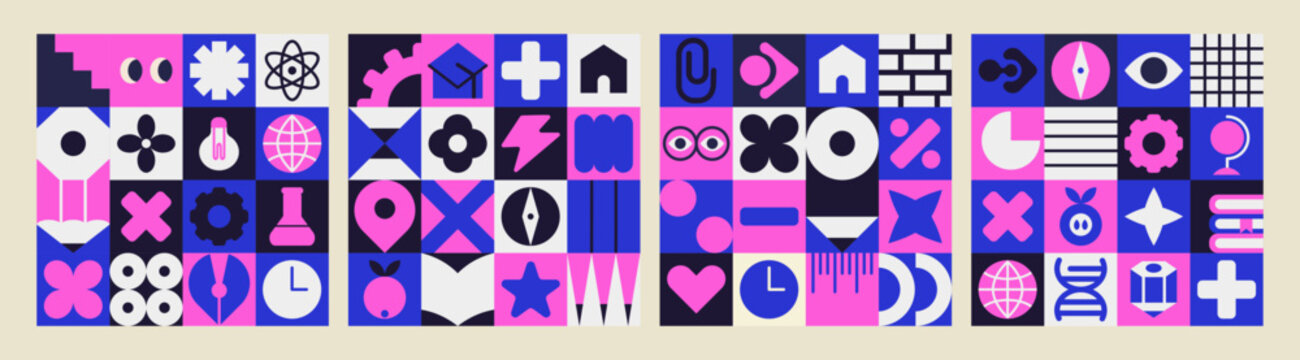 Colorful set geometry mosaic for kids with school icon and study illustration.