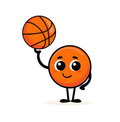 Cute basketball mascot character spinning ball on finger, simple flat vector illustration isolated on white background, playful sport design for logo, sticker, poster, branding and children project.