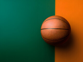Basketball on split green and orange minimalist background with dramatic light and shadow, modern sport concept with copy space for banner, poster, wallpaper or training promotion design.