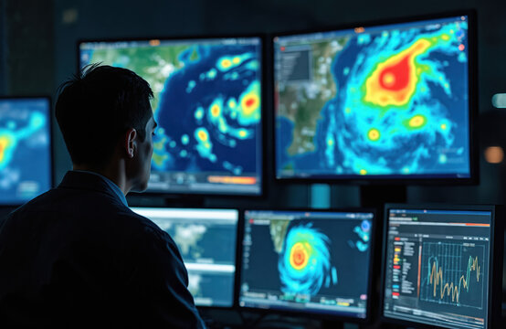 Scientist analyzes hurricane data on multiple computer screens showing weather maps and storm patterns. He monitors severe weather with advanced tech in control room.
