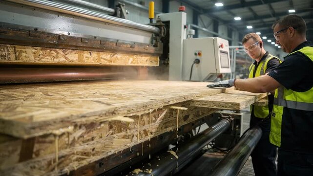 Close view of technicians pressing OSB panels during subfloor manufacturing highlighting the precise compression and bonding process in a factory environment.