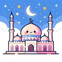 Serene mosque illustration with crescent moon and stars at night