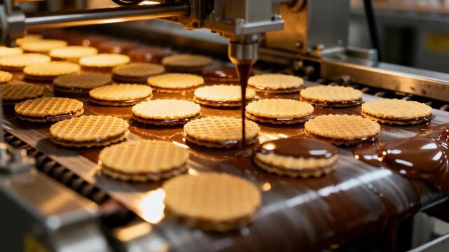 Closeup medium shot of a chocolate coating machine applying chocolate only to the bottom of wafer centers as they pass on a conveyor belt.