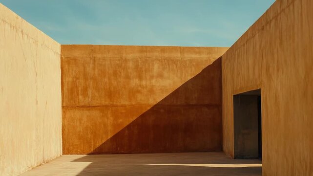 Minimalist architecture creates a dynamic interplay of geometric shapes and strong shadows across warm ochre walls, conveying a sense of solitude and modern design under a clear desert sky