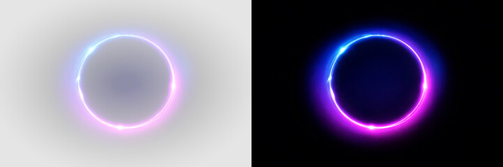 Obraz premium Neon glowing light ring with circular energy outline, luminous halo element on transparent background.
