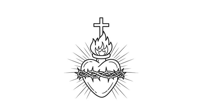 Sacred Heart of Jesus Christ, Crown of Thorns, Flaming Heart, Cross, Religious Symbol