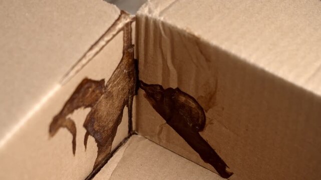Damaged cardboard shipping box with liquid stain. Wet packaging material showing leakage and delivery accident. Logistics problem concept
