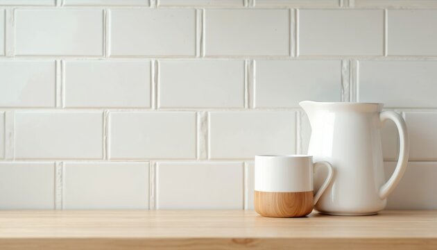 Minimalist kitchen scene with white mug and pitcher on wooden counter. White subway tile backsplash provides clean bright backdrop. Simple modern home decor image.