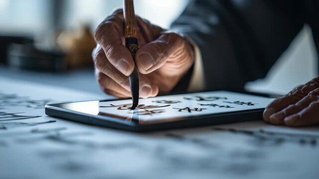 Elderly hand gracefully writes traditional Asian calligraphy on a digital tablet, blending ancient artistry with modern technology. The scene captures cultural heritage and innovation