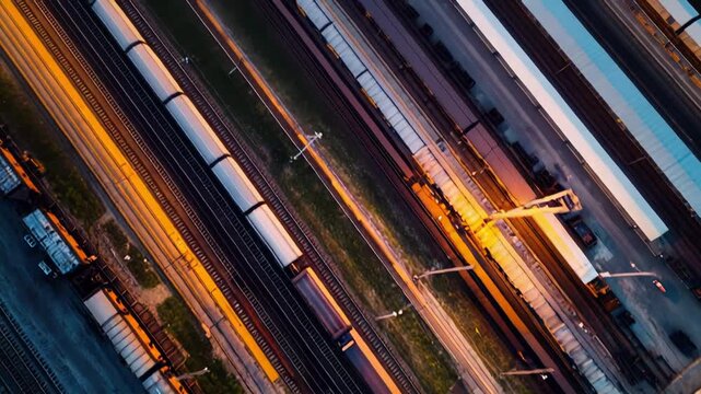 Aerial view of freight trains on multiple tracks within a logistics transportation hub, featuring wagons and infrastructure at an active industrial railroad yard