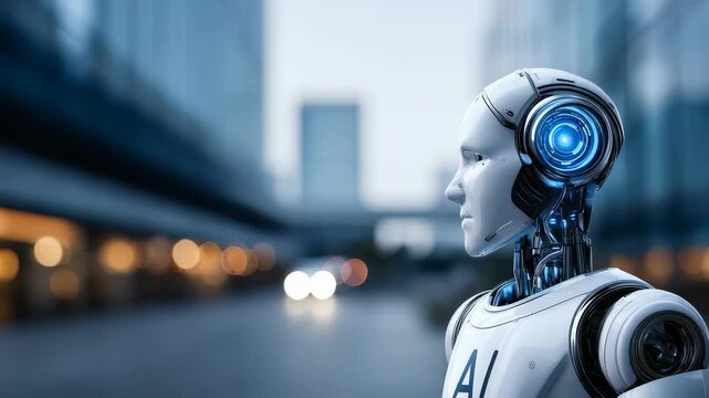 Futuristic humanoid robot with glowing blue accents stands in a modern cityscape, symbolizing advanced artificial intelligence. Urban background highlights technology integration