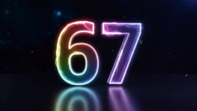 Vibrant 3D Number 67 Animation with Neon Glow and Rainbow Colors, Slow Motion, Seamless Loop, symbolizing celebration and festivity