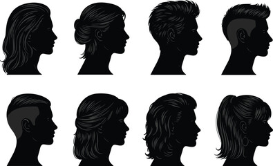 Vector illustration of male and female head silhouettes with different hairstyles, profile portrait collection isolated on white background for design use © Md