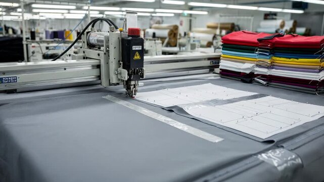 Medium shot of a windbreaker fabric cutting table with solid color shells being precisely sliced using templates in a bright factory environment.