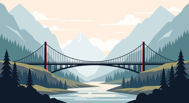 Scenic landscape with bridge and mountains in minimalist style