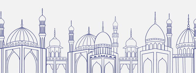 Fototapeta premium Seamless border pattern of Islamic mosques in various shapes religious building horizontal banner