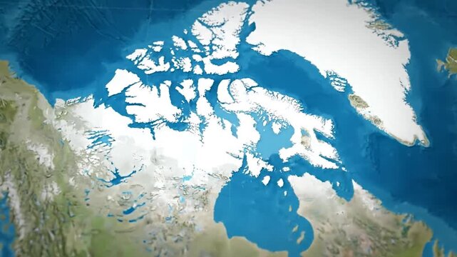 A digitally rendered map of the Arctic region, showcasing landmasses, ice, and surrounding oceans