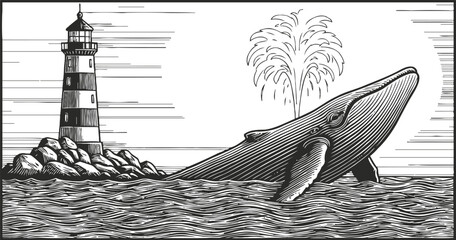 Fototapeta premium Black and white whale breaching near lighthouse and rocky shore detailed vintage engraving illustration