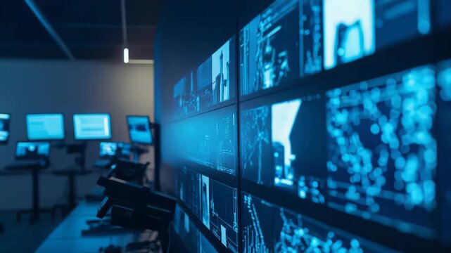 Advanced security control room filled with multiple digital screens displaying data and surveillance feeds in a sleek, blue lit environment for monitoring and analysis