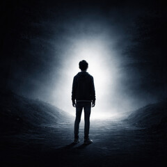 Obraz premium Silhouetted person standing before a glowing tunnel of light in a dark misty landscape evoking solitude inner struggle hope transformation and a cinematic journey into the unknown realm