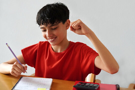 Teenage boy proudly celebrates solving a problem while doing his homework