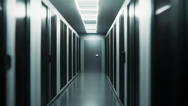 Data center corridor lined with endless server racks, glowing indicators and cables, conveying cloud computing, high density storage, network infrastructure and modern it power