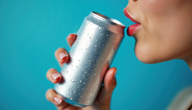 Woman drinks cold beverage from aluminum can. Water drops on metal container. Lips touch can opening. Refreshing drink indoors on blue backdrop.