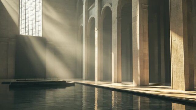 Sunlight beams stream through a tall arched window, illuminating a grand hall with classical columns and reflecting on the calm, clear water of an indoor pool