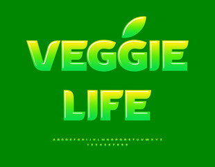 Naklejka premium Vector Healthy sign Veggie Life. Glossy Green Sticker Font. Trendy Stylish Alphabet Letters and Numbers set.