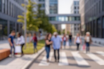 Defocused image of People helping each other in urban environment, community support concept