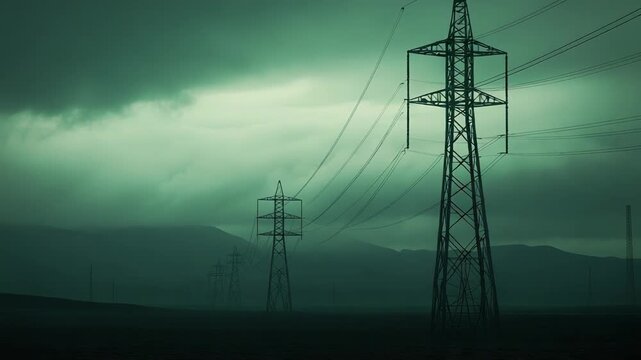 Electricity pylons stretching into the distance under a dramatic, green tinged sky, conveying a sense of imposing infrastructure and the raw power of nature during unsettled weather conditions