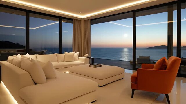 Modern living room with ocean view, illuminated by warm LED strip lights, featuring a white sectional sofa, ottoman, and orange armchair. 4k resolution video 30fps.
