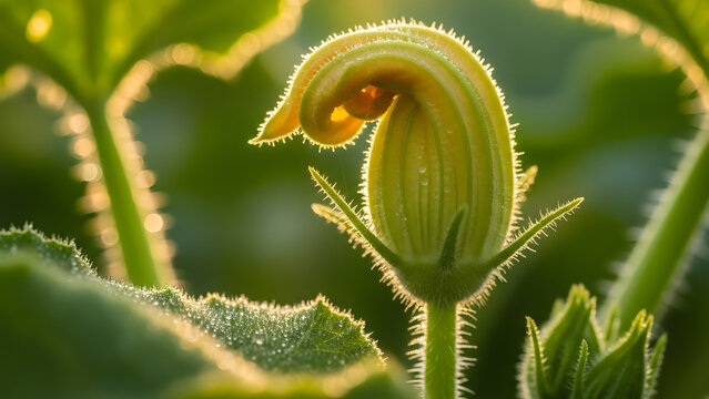 Young pumpkin flower bud unfurling and glowing in morning sunlight with dew drops for organic growth concept and natural beauty