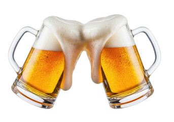 Two overflowing beer mugs clinking together a celebratory image on transparent background