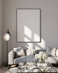 Modern Living Room Poster Frame Mockup with Natural Light and Minimalist Decoration. 3D render.