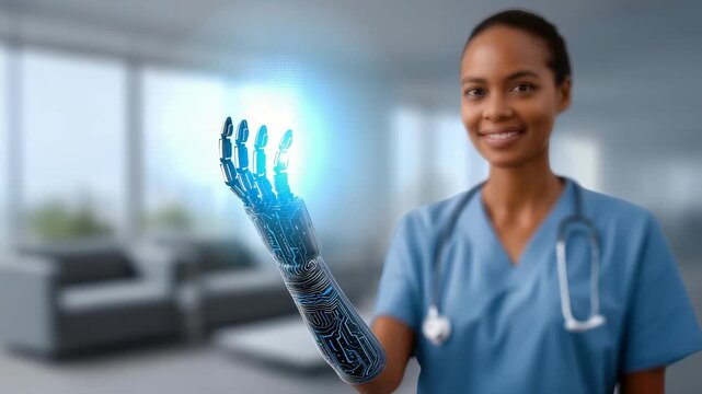 Confident female healthcare professional with advanced bionic arm demonstrates futuristic medical technology in a modern hospital. Innovation and artificial intelligence in healthcare are highlighted