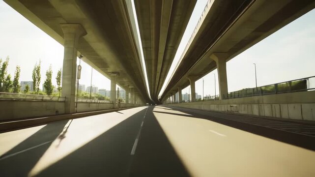 Road leading directly into and passing under a complex multi level highway system in a modern urban environment, with strong sunlight casting geometric shadows across the asphalt