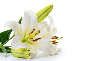 Obraz premium Elegant White Lilies Bloom, Captured in Stunning Detail Macro Shot Against Serene White Background.